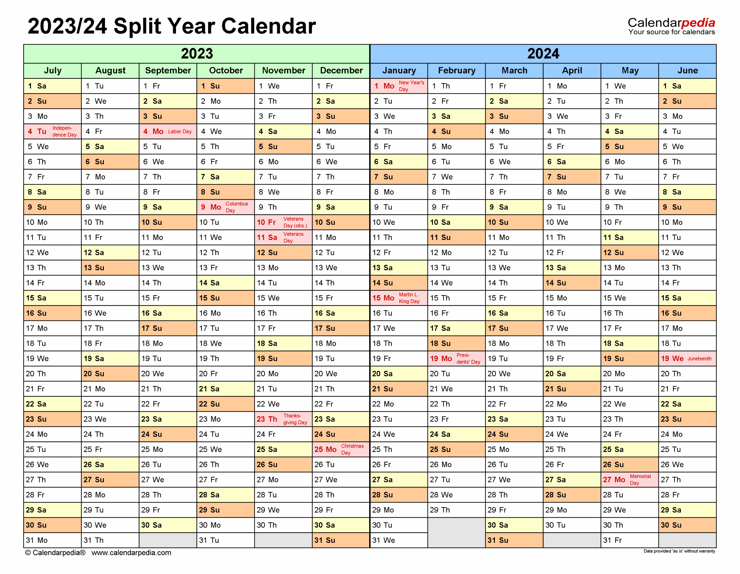 Split Year Calendars 2023 2024 July To June PDF Templates