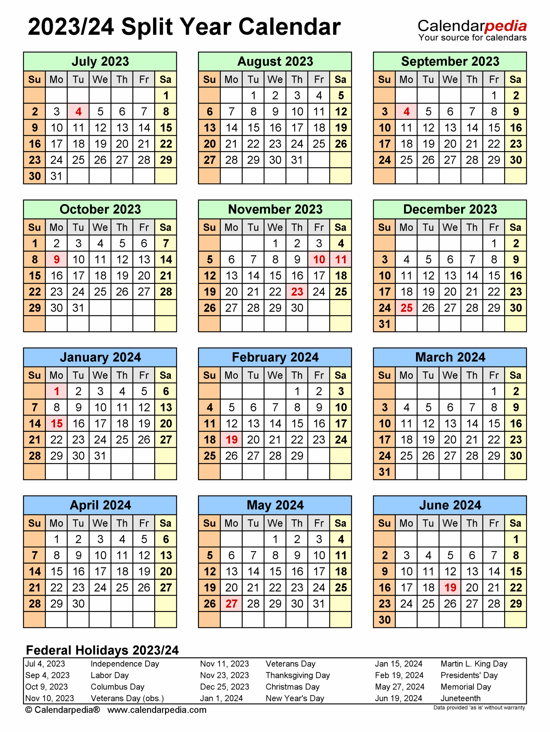Split Year Calendars 2023 2024 July To June PDF Templates