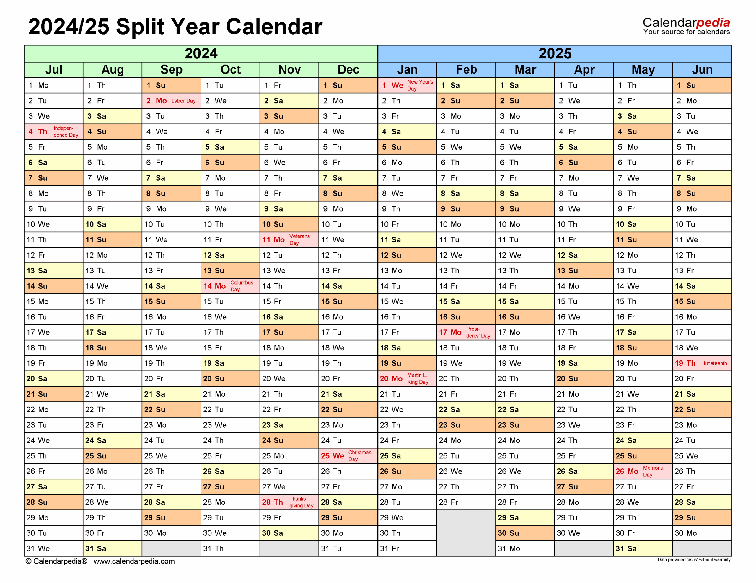 Split Year Calendars 2024 2025 July To June Excel Templates