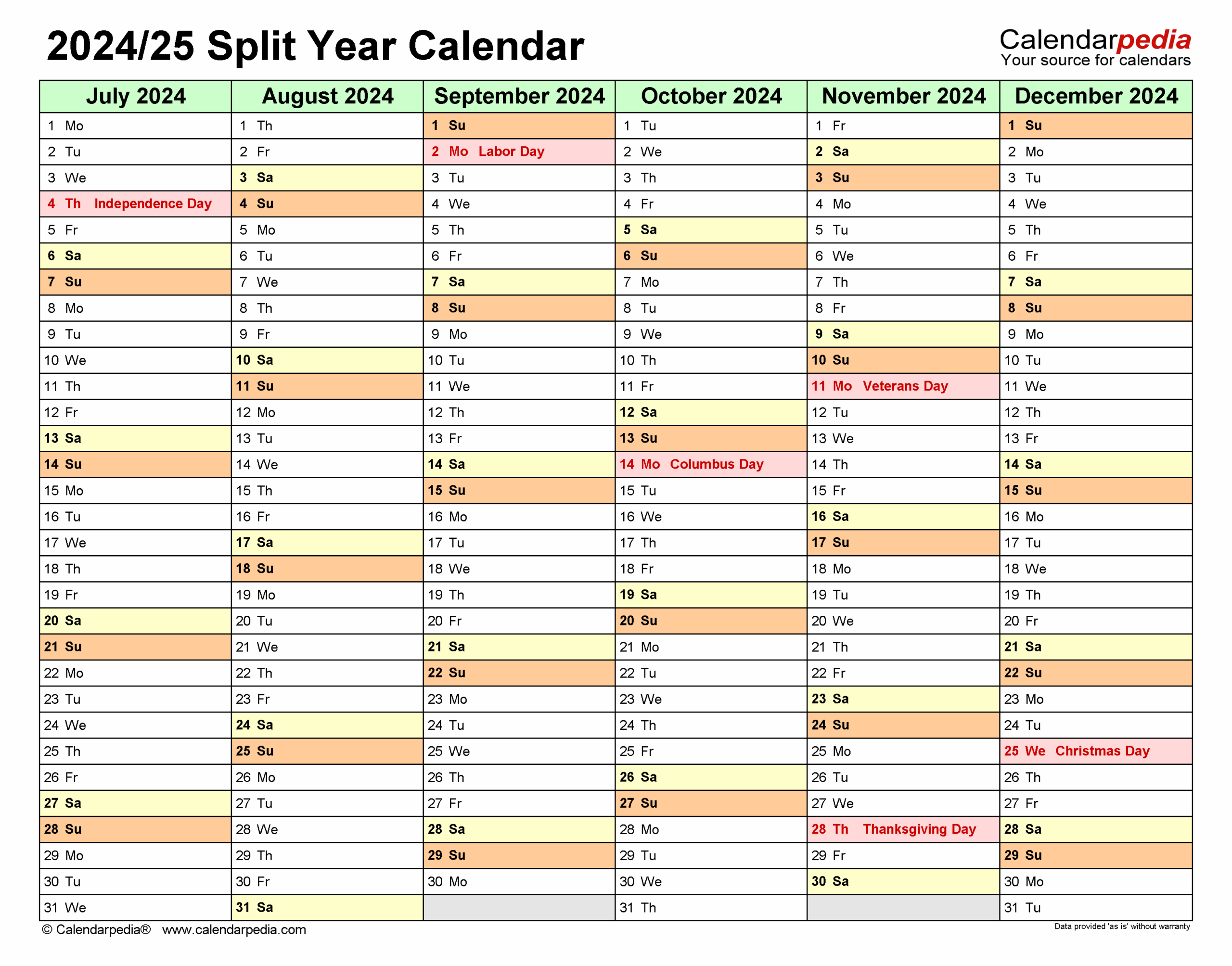 Split Year Calendars 2024 2025 July To June PDF Templates