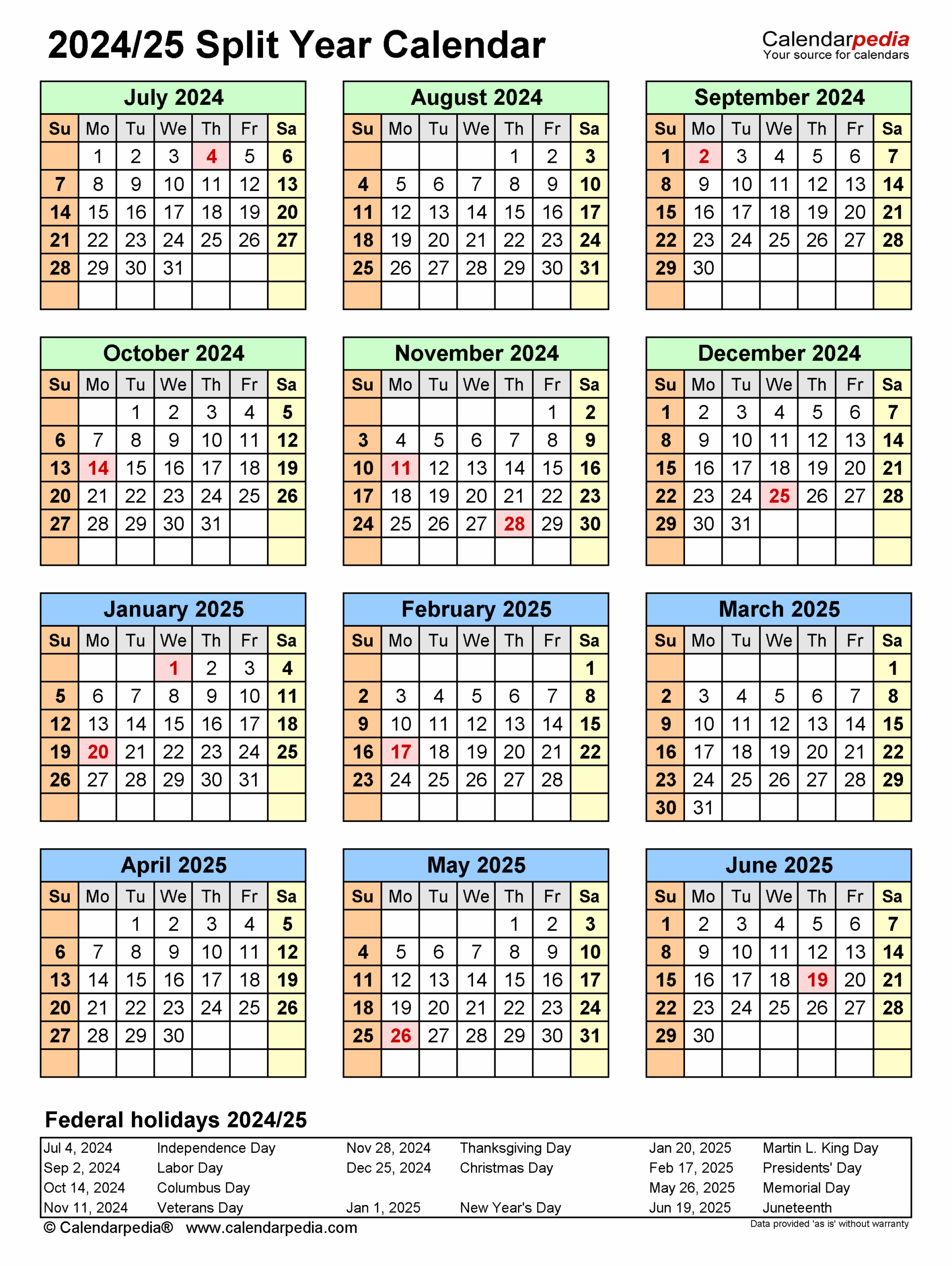 Split Year Calendars 2024 2025 July To June PDF Templates