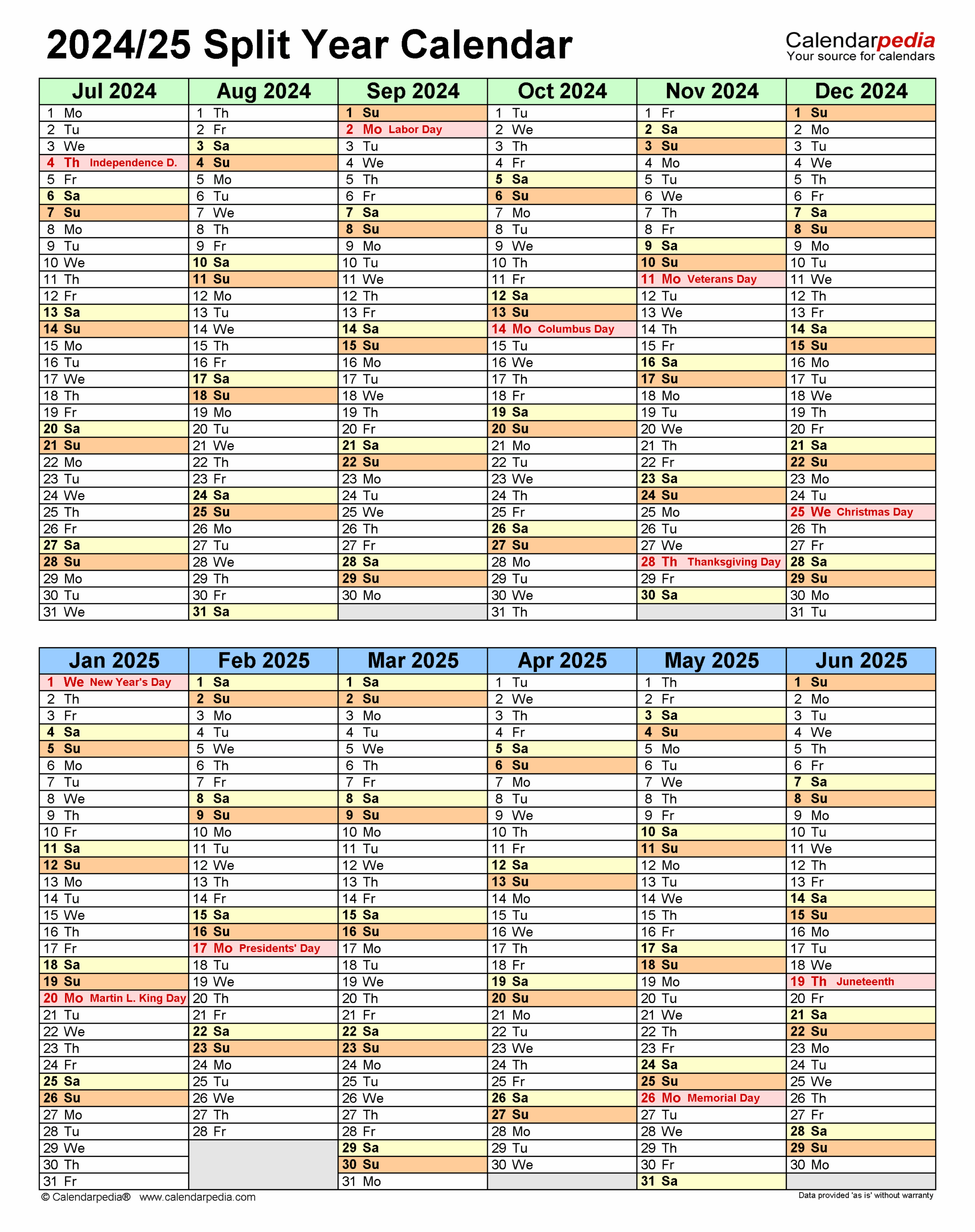 Split Year Calendars 2024 2025 July To June Word Templates