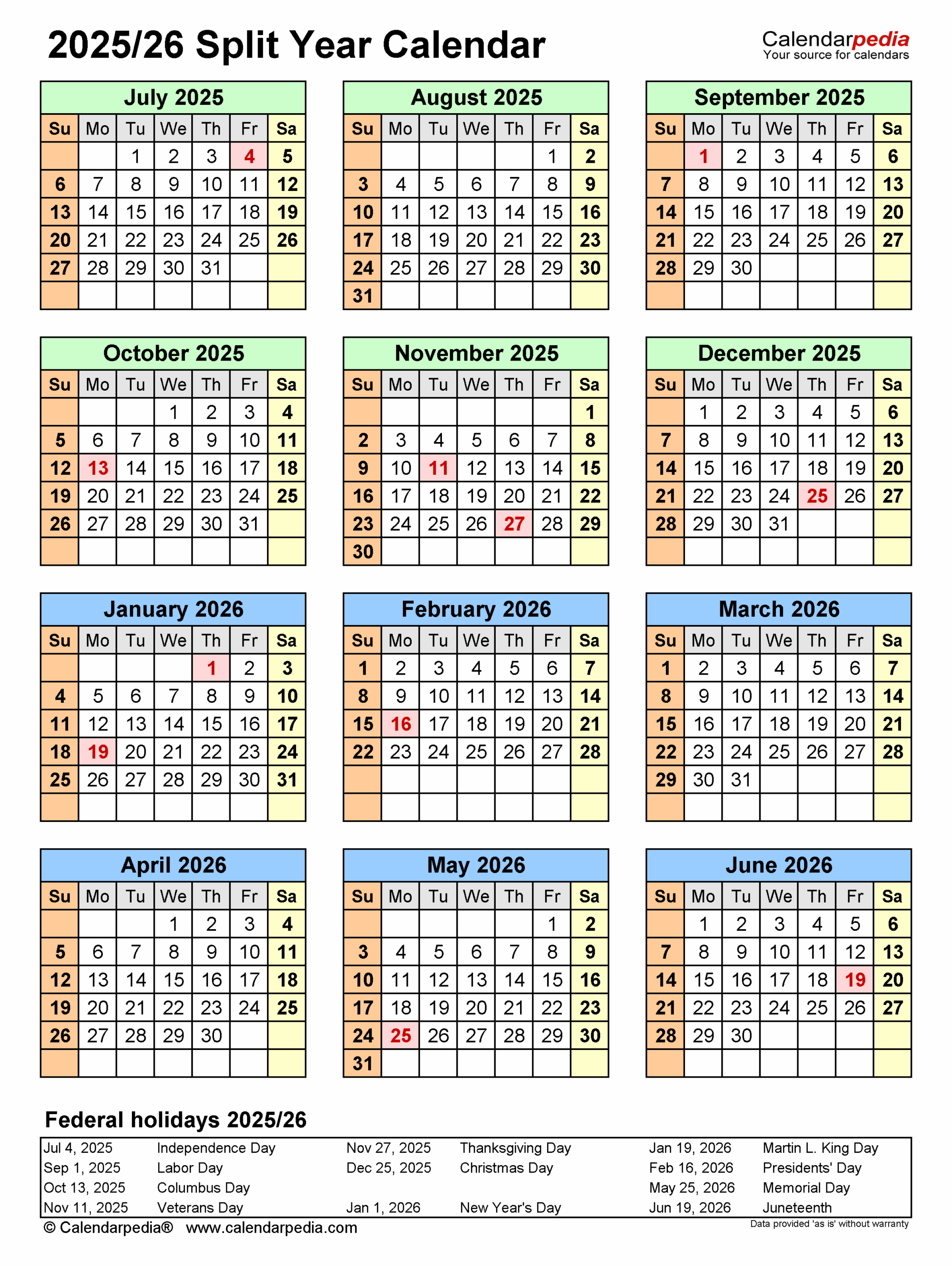 Split Year Calendars 2025 2026 July To June PDF Templates