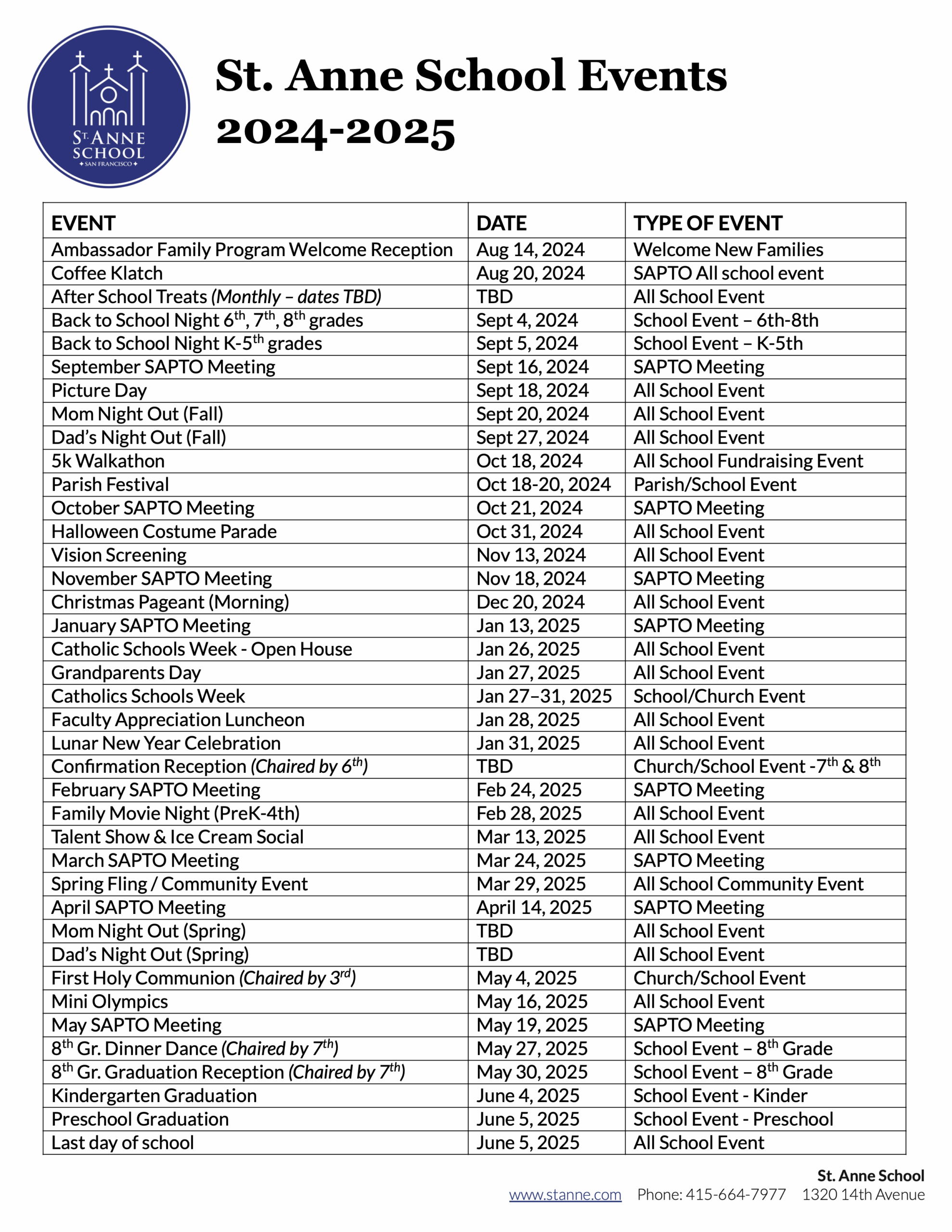 St Anne s Calendar ST ANNE SCHOOL