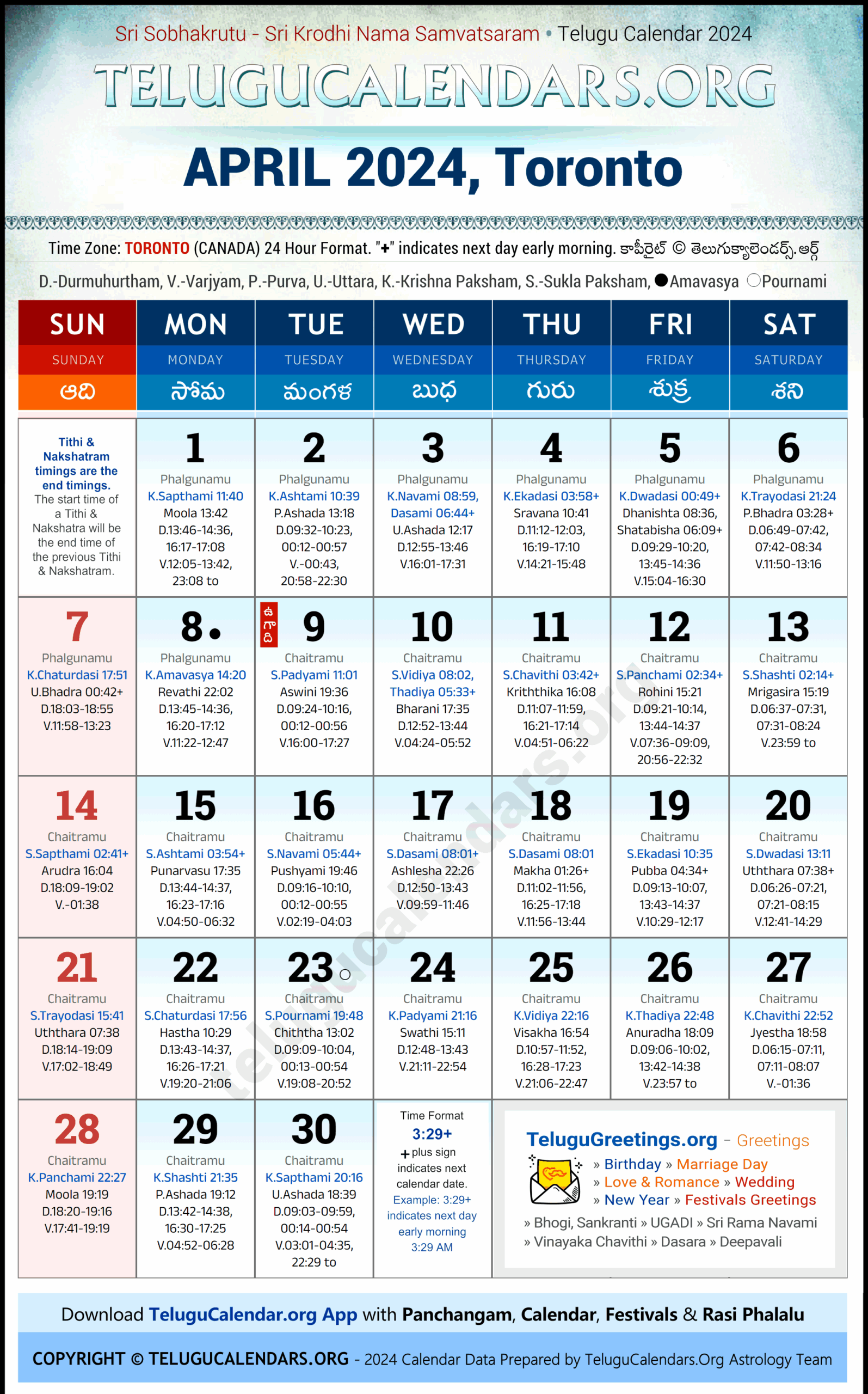 Toronto 2024 April Telugu Calendar Festivals U0026 Holidays In English 