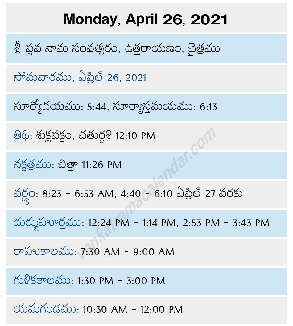 Telugu Calendar 2026 April