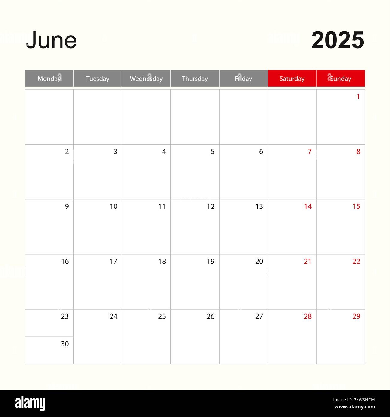 Wall Calendar Template For June 2025 Holiday And Event Planner Week Starts On Monday Vector Template Stock Vector Image U0026 Art Alamy