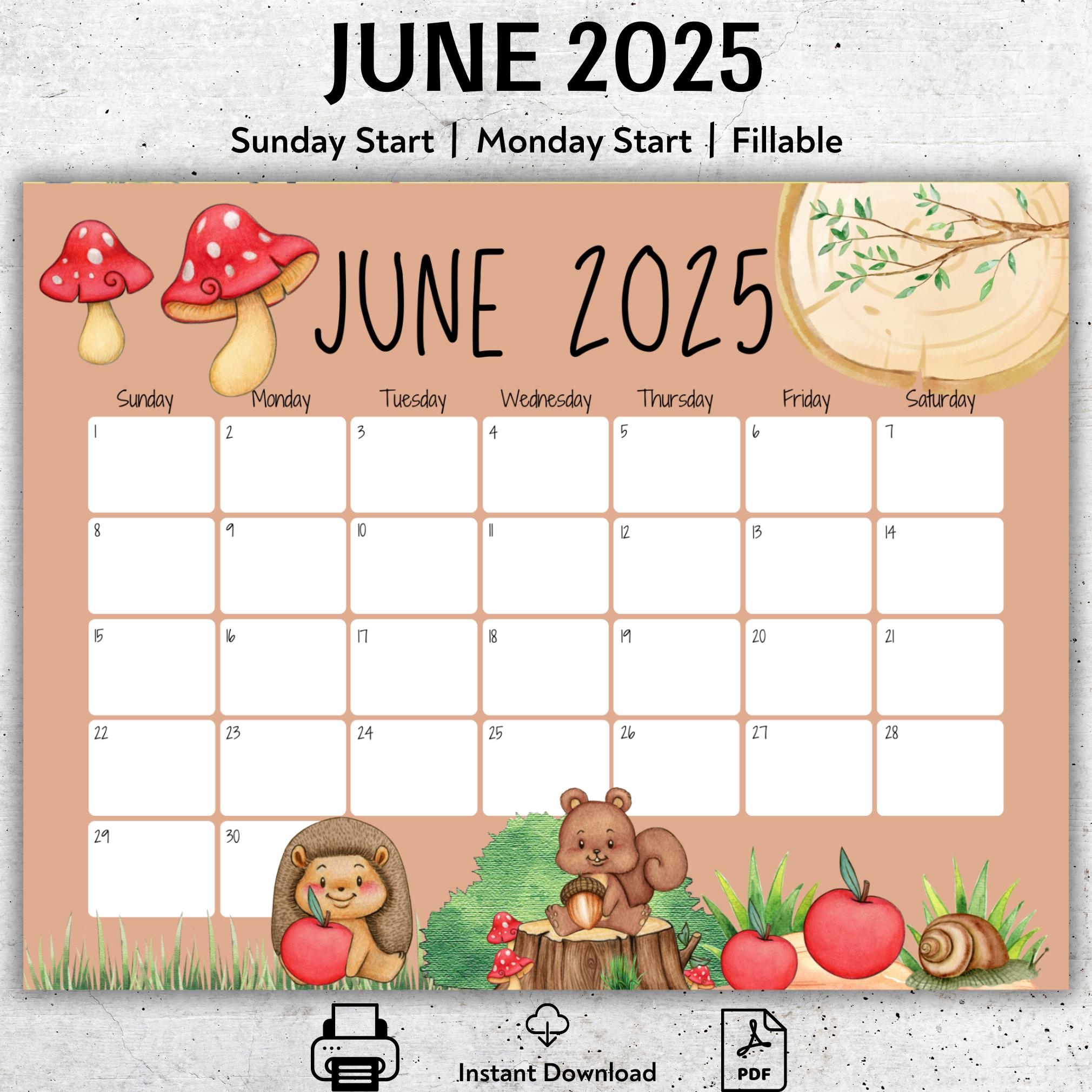 Woodland themed June 2025 Calendar Printable Monthly Planner US 